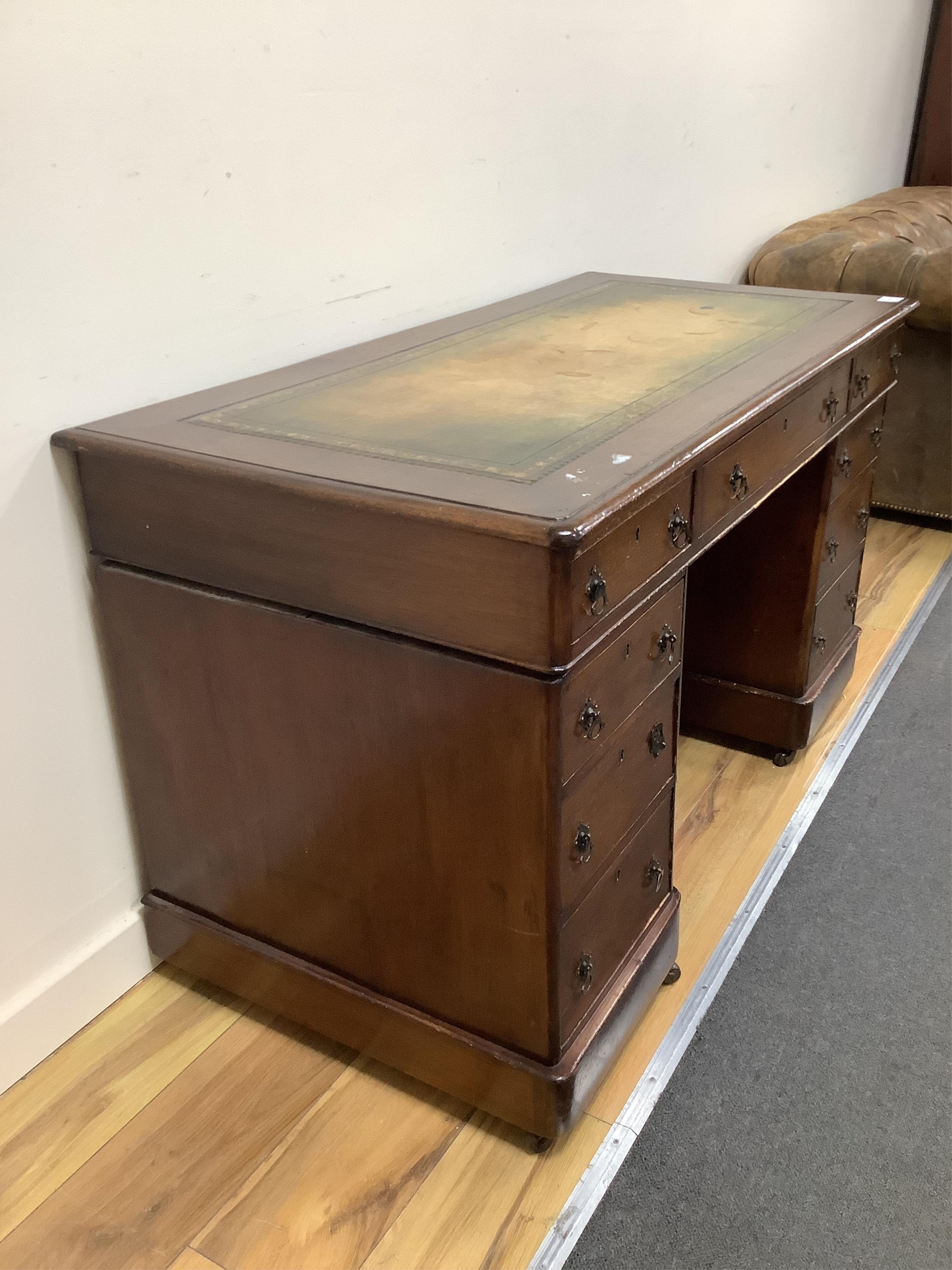 A Victorian mahogany pedestal desk, width 119cm, depth 59cm, height 71cm. Condition - fair